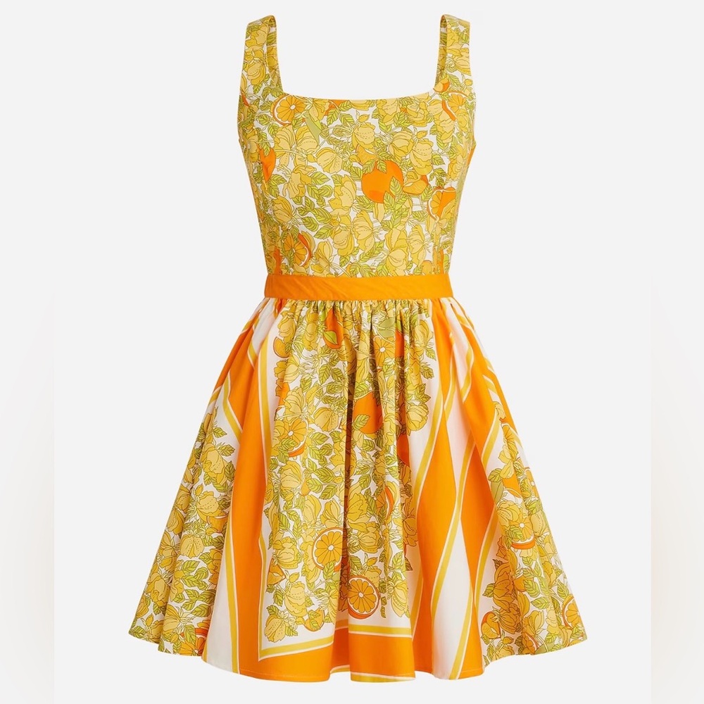 J Crew Stefania Dress In Limone Scarf Print Lemons Orange Size 2 BR481